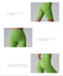 Product features of lime green compression shorts highlighting moisture-wicking fabric and seamless design on gray background