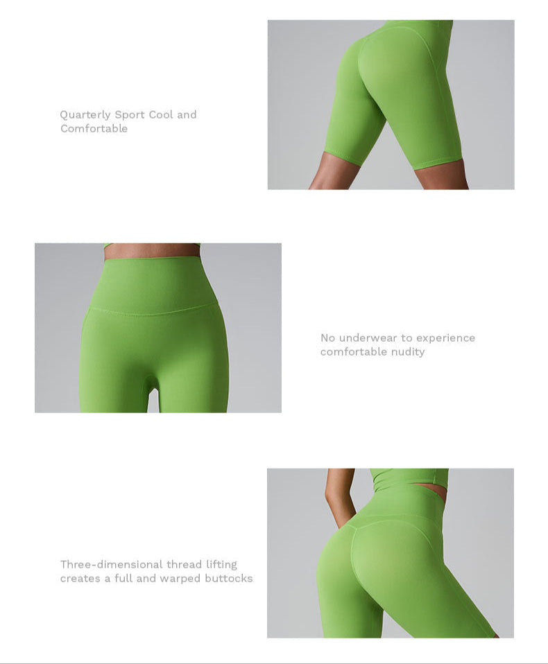 Product features of lime green compression shorts highlighting moisture-wicking fabric and seamless design on gray background