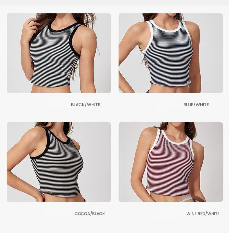 Product color options showing striped crop tops in four colorways: black/white, blue/white, cocoa/black and wine red/white against white background