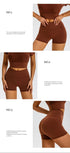 Product features of brown athletic set showing crossover waistband shorts and matching crop top