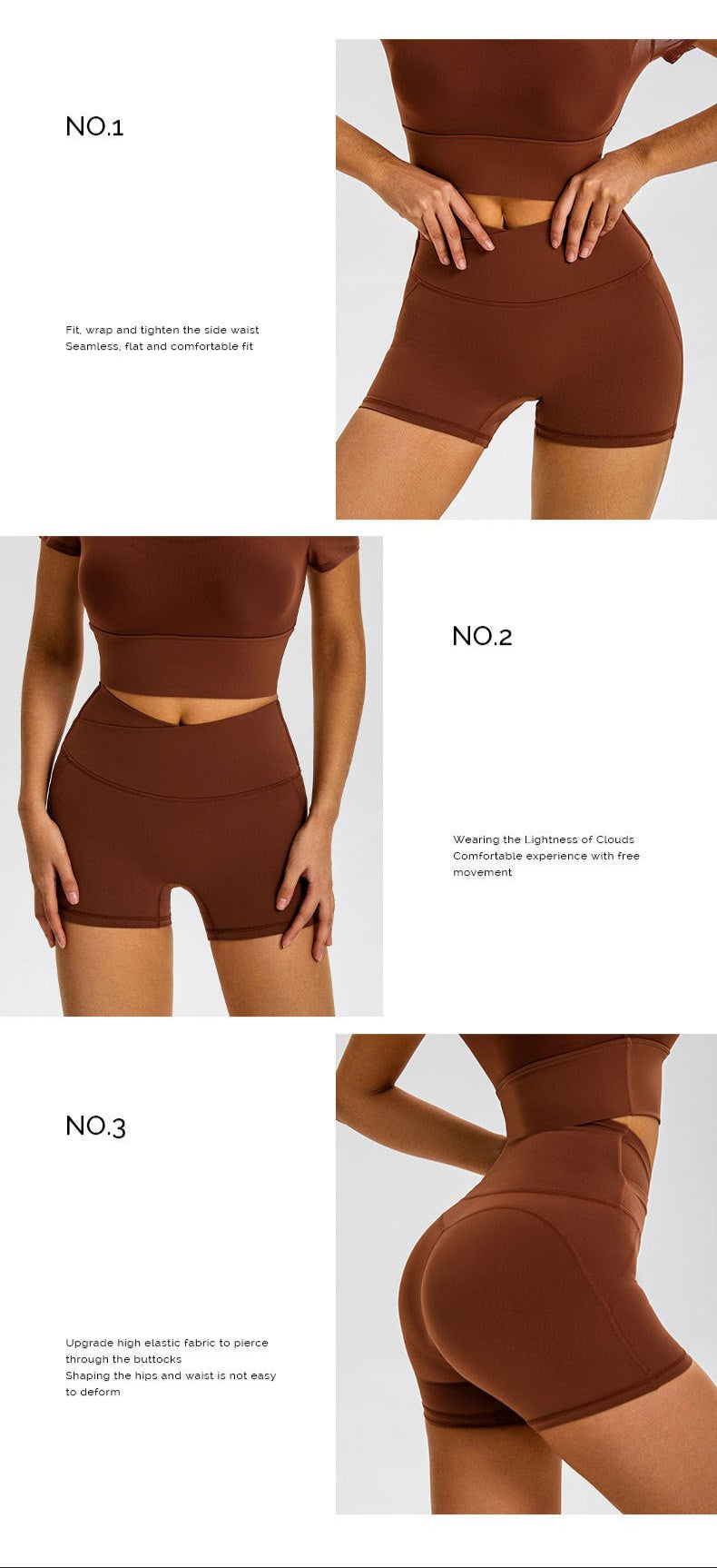 Product features of brown athletic set showing crossover waistband shorts and matching crop top