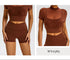 Product features of brown athletic set showing crossover waistband shorts and matching crop top