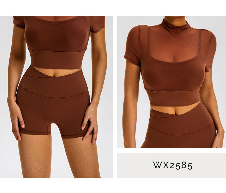 Product features of brown athletic set showing crossover waistband shorts and matching crop top