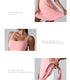 Product feature collage showing pink dress design details: flared skirt, wide shoulder straps, and built-in shorts for movement
