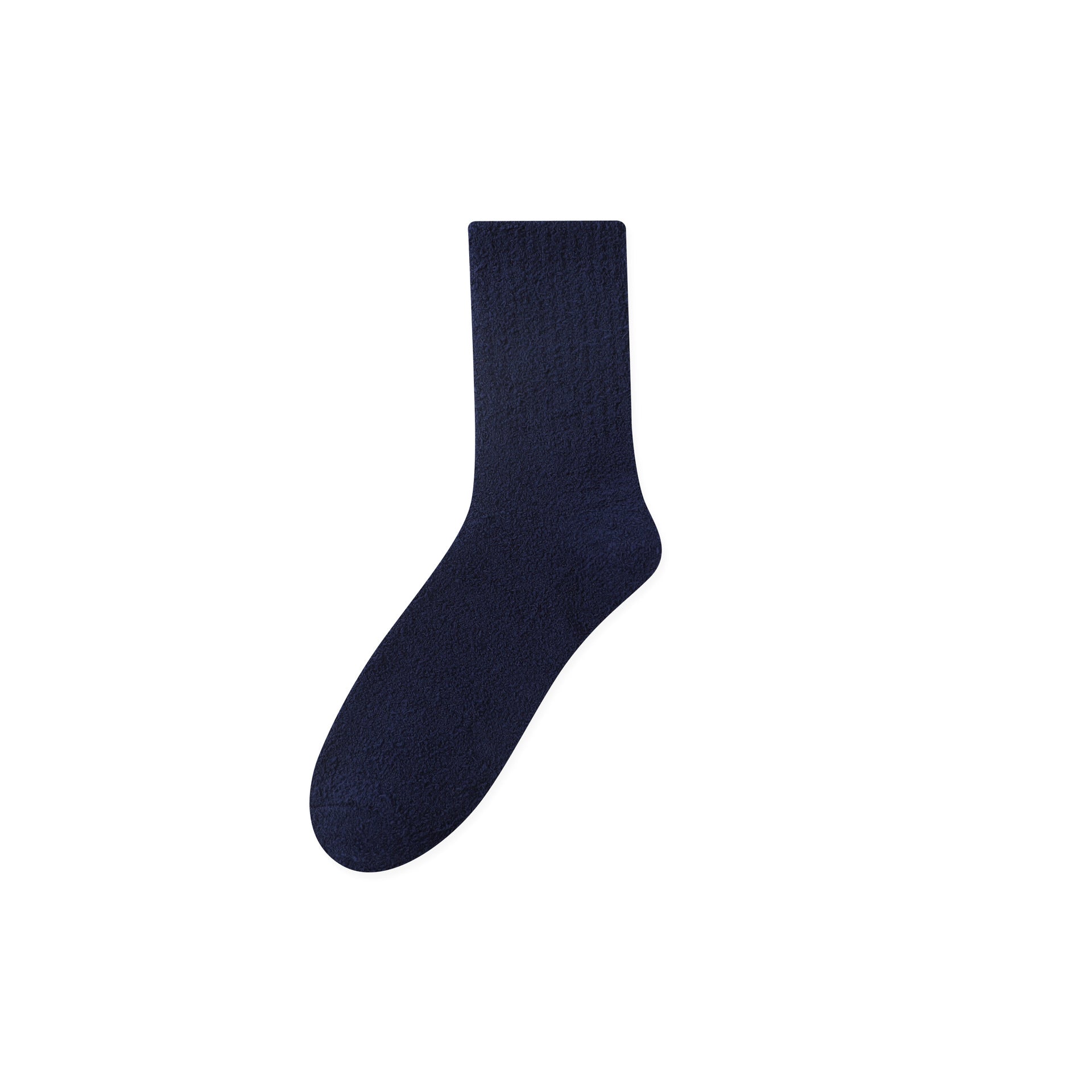 Dark navy sock with a soft, fuzzy texture, shown in a vertical orientation