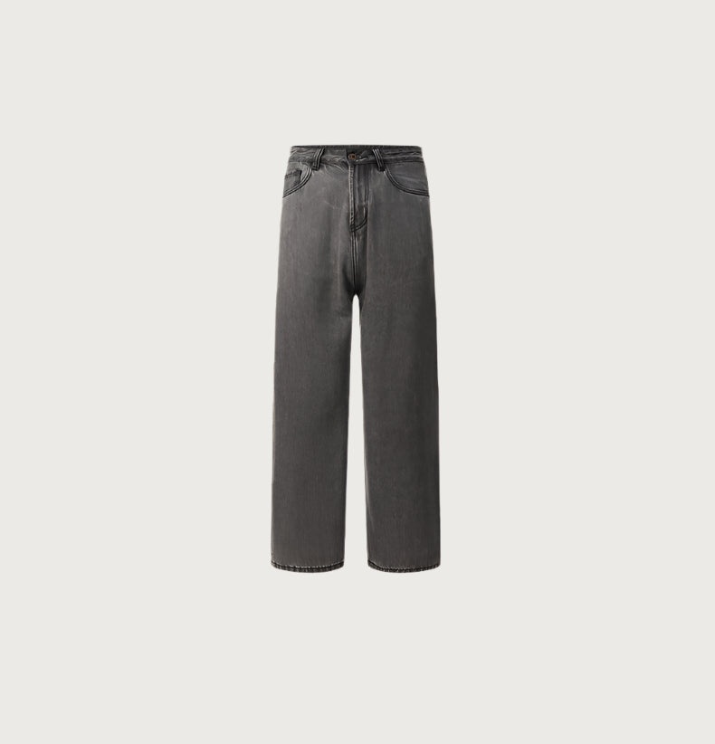 Front view of high-waisted washed black wide-leg jeans with classic five-pocket styling