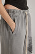 Close-up of grey sweatpants pocket detail showing elasticized waistband with white drawstring and streetwear-inspired design