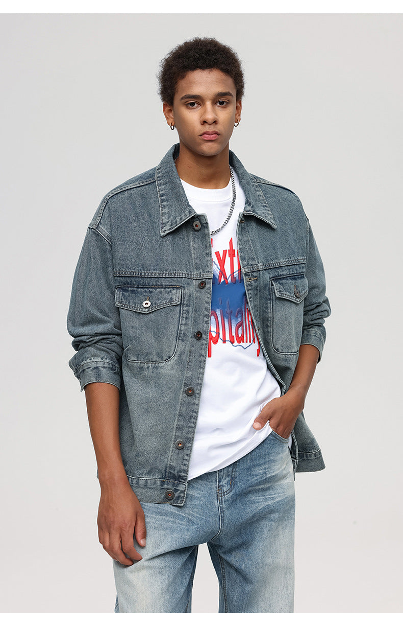 Chaqueta vaquera azul de lavado medio de gran tamaño