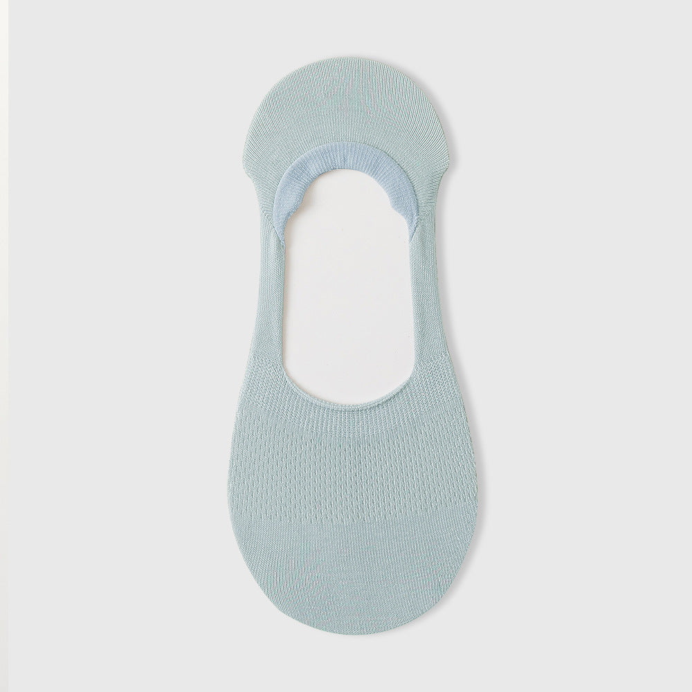 Light blue no-show sock liner featuring elastic band and knit pattern on white background