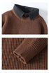 Close-up of brown sweater collar and knit texture