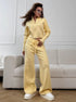 Yellow 2 piece knit set with drawstring wide leg pants and zip jacket