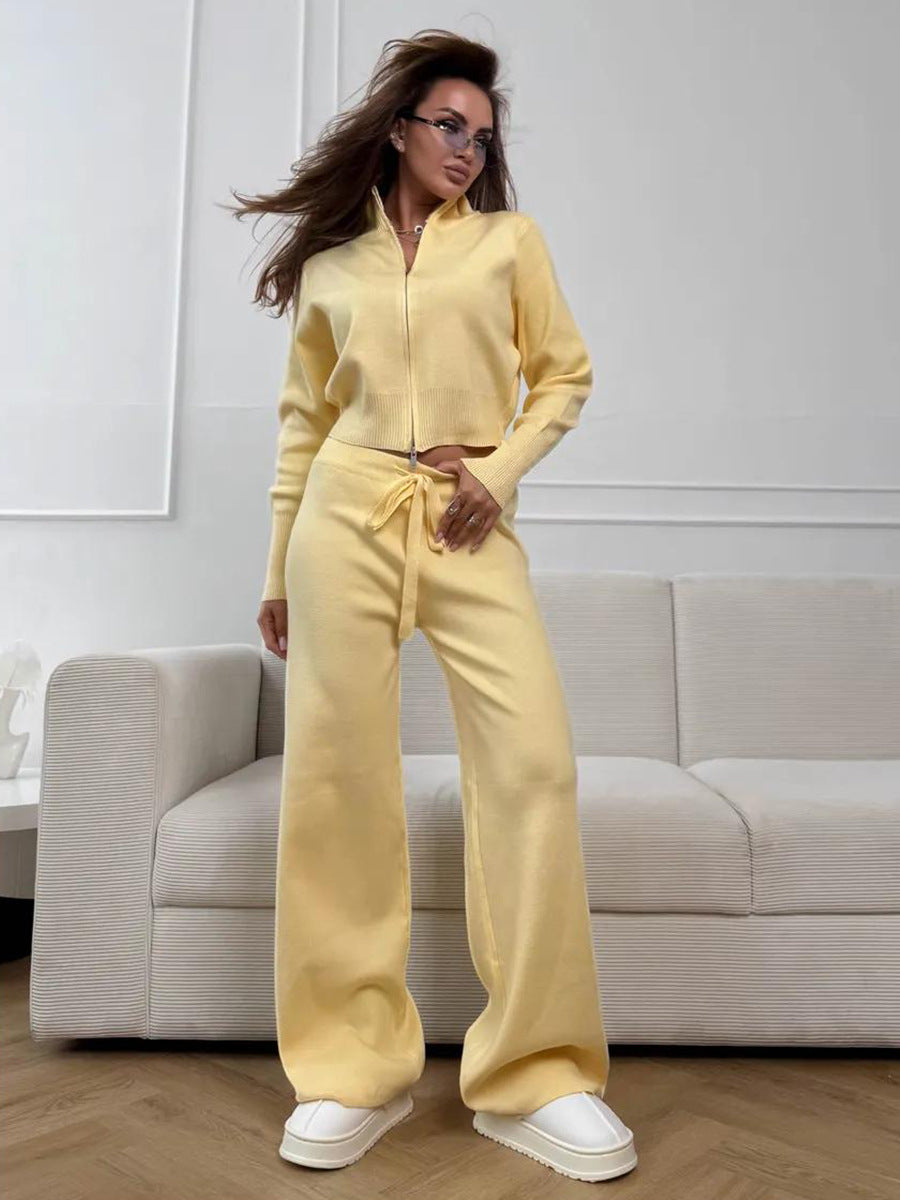 Yellow 2 piece knit set with drawstring wide leg pants and zip jacket