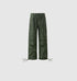 Olive green drawstring cargo pants with tiered panel design and multiple pockets displayed on light gray background