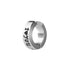 Silver stainless steel huggie earring with Greek key pattern design against white background