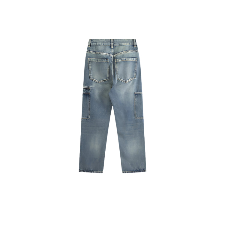 Back view of vintage wash cargo jeans displaying traditional pocket design and durable stitching against white background