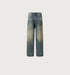 Detail shots: YKK zipper and back pocket stitching on vintage wash denim jeans