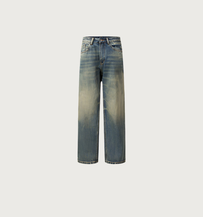 Detail shots: YKK zipper and back pocket stitching on vintage wash denim jeans