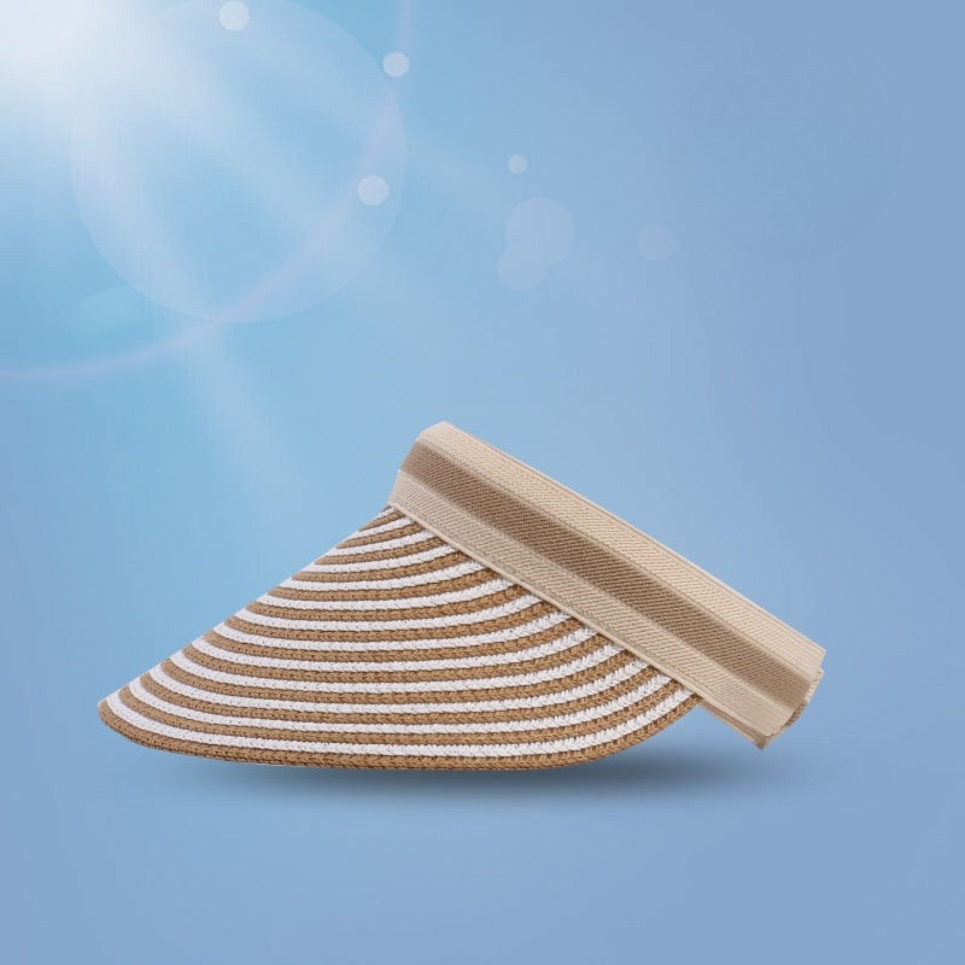 Khaki and white striped straw visor with UPF 50+ sun protection, featuring a soft elastic band for comfort and a chic summer style.