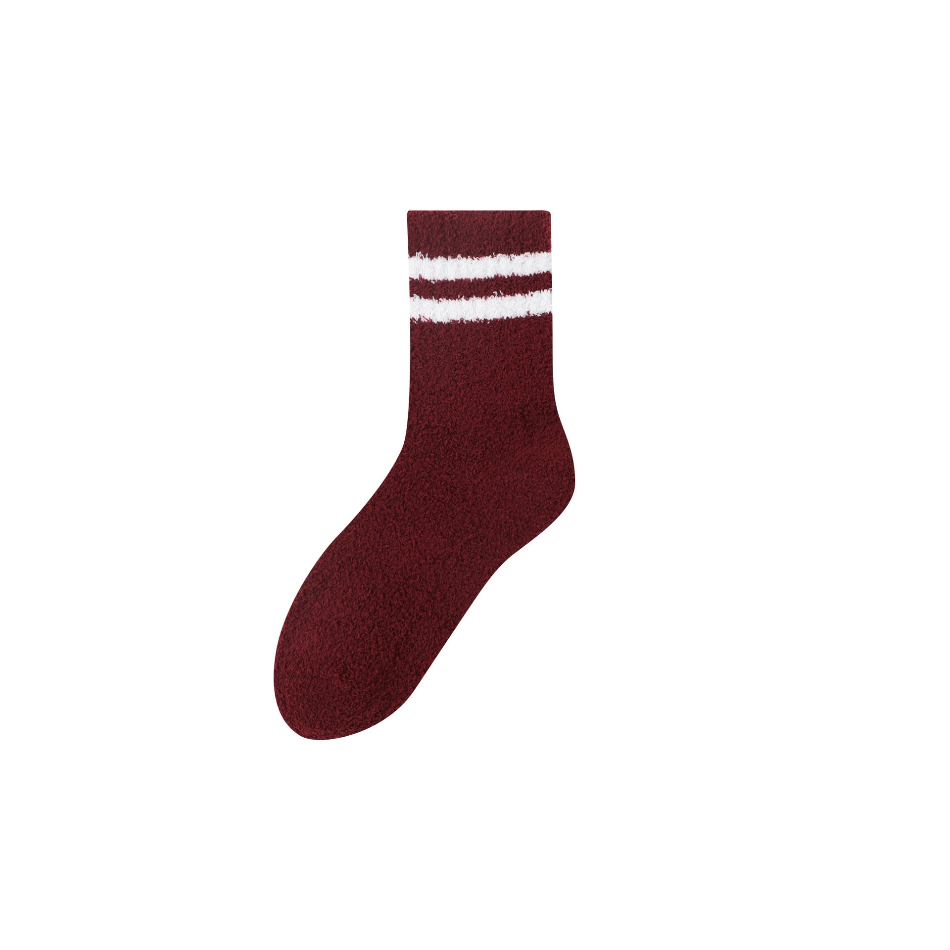 Burgundy crew sock with white triple stripes, made from soft fuzzy material