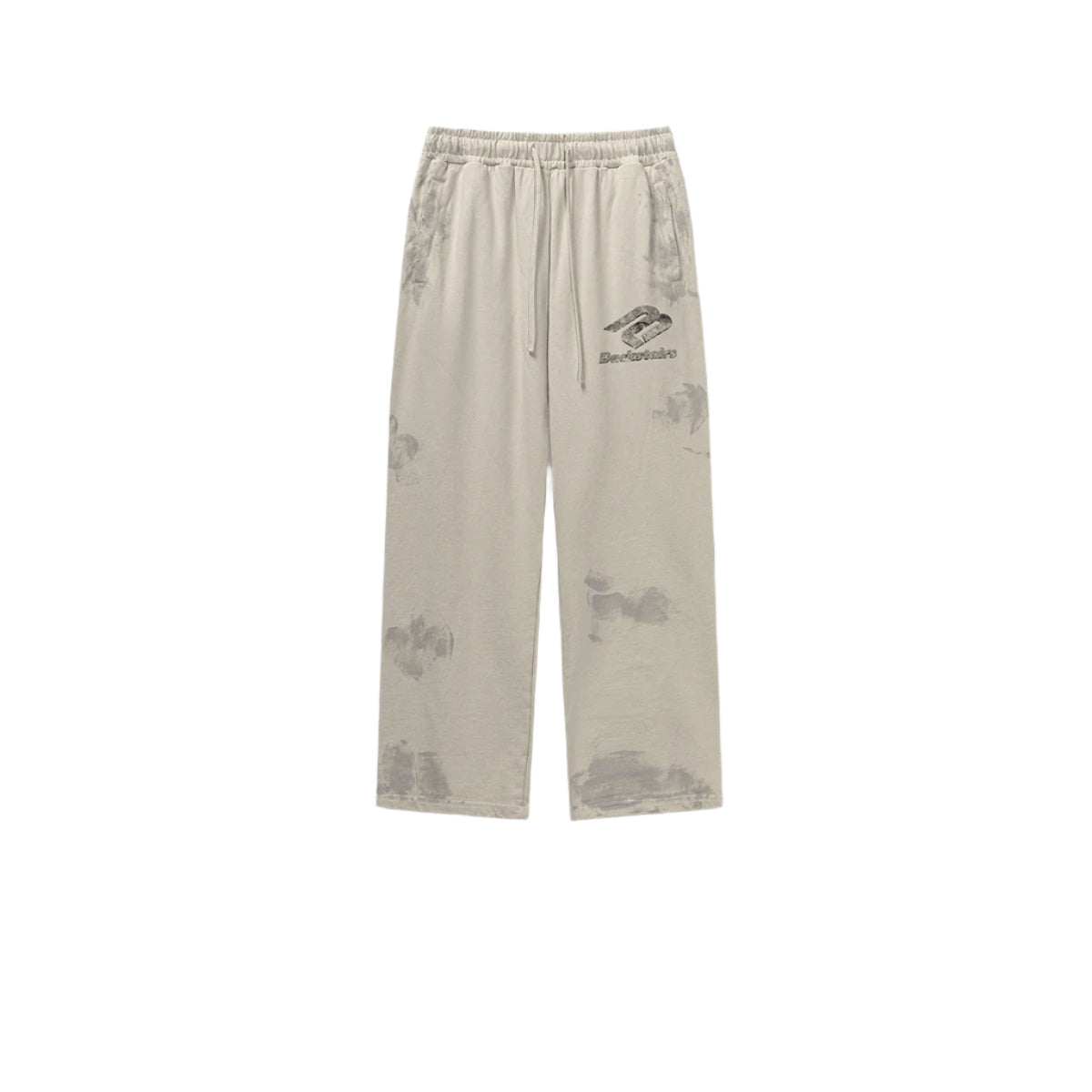 Cream Backstairs wide-leg sweatpants with elastic waistband, drawstring ties, side pockets, distressed paint effect pattern and gray logo print