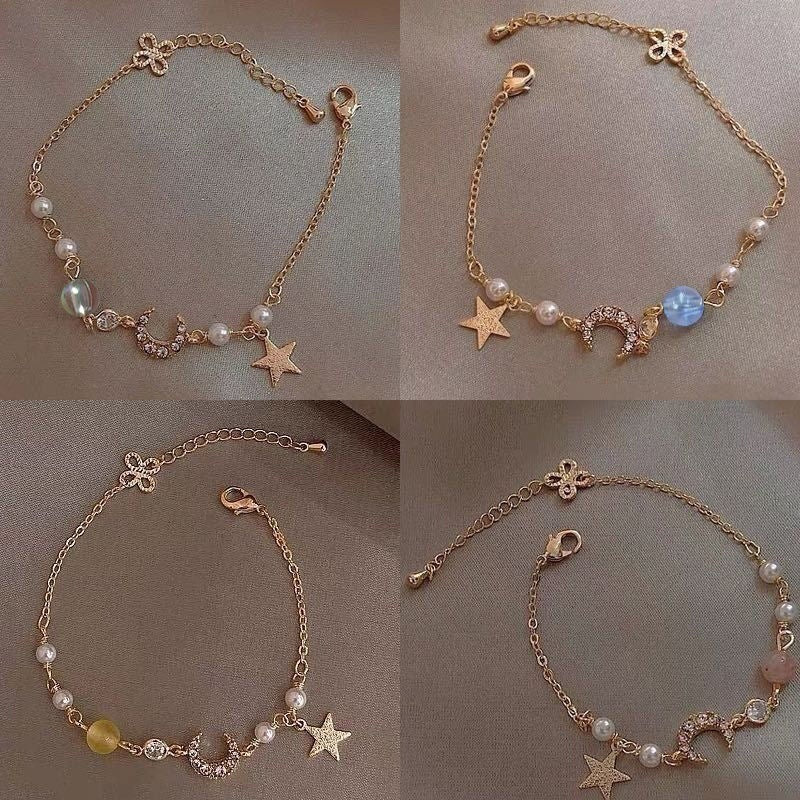 Minimalist Star and Moon Zircon Pearl Bracelet