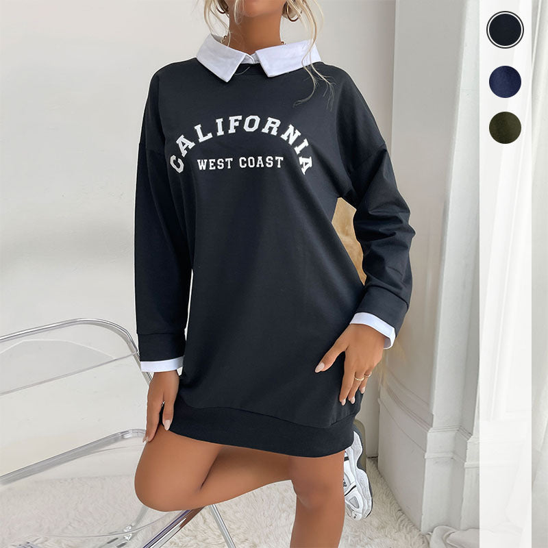 Black sweatshirt dress with white collar and California West Coast text, styled with sneakers