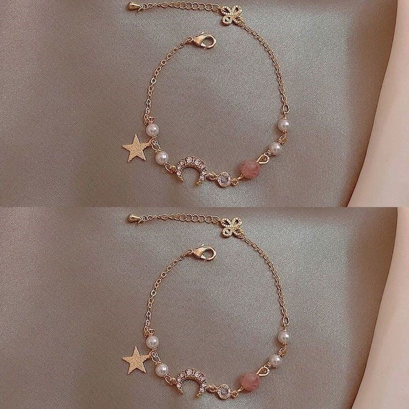 Minimalist Star and Moon Zircon Pearl Bracelet
