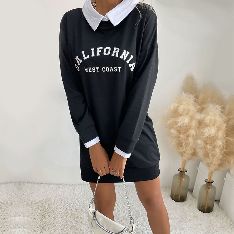 California West Coast sweatshirt dress in black with white collar detail and silver chain bag
