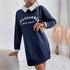 Navy blue sweatshirt dress with California text and white collar detail