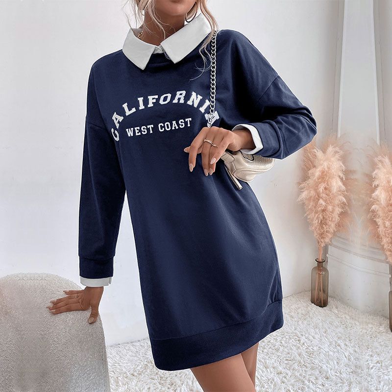 Navy blue sweatshirt dress with California text and white collar detail