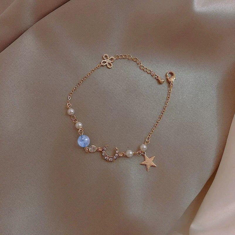 Minimalist Star and Moon Zircon Pearl Bracelet