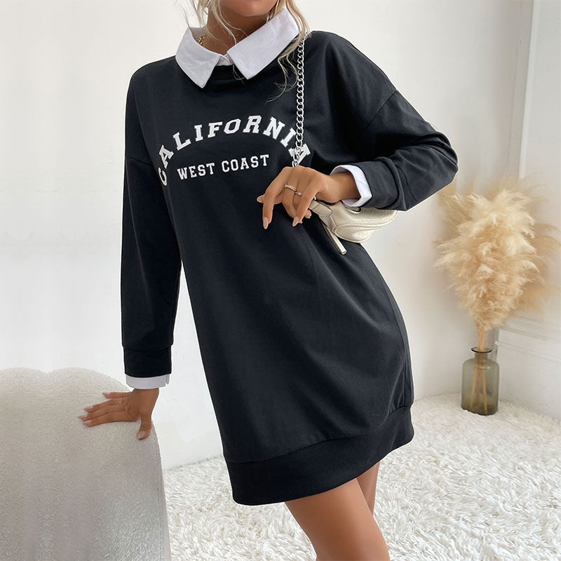 Casual styling of black California sweatshirt dress with chain strap bag