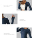 A product feature image showing navy workout jacket details: zipper design, thumb hole sleeves, and waistcoat-style seaming for flattering fit