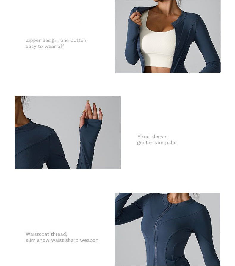 A product feature image showing navy workout jacket details: zipper design, thumb hole sleeves, and waistcoat-style seaming for flattering fit