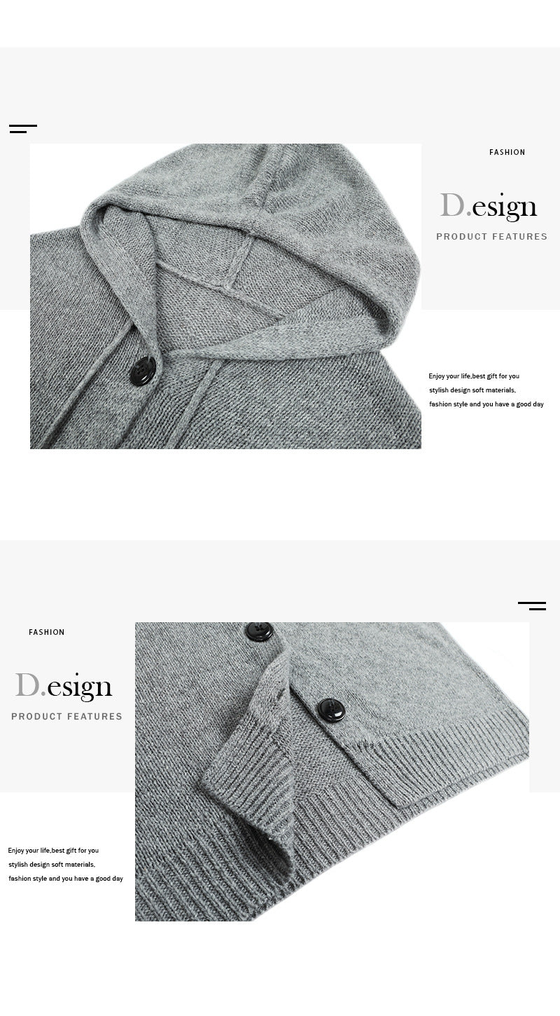 Close-up of a gray knit cardigan design, focusing on the hood and button details with a product features description