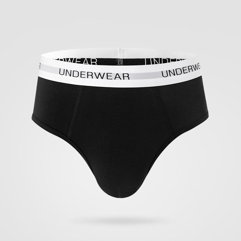 Black men's brief underwear with white elastic waistband featuring "UNDERWEAR" text logo, photographed against light gray background