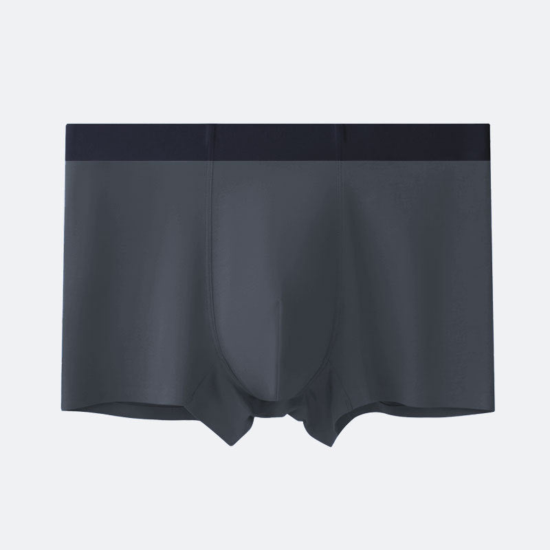 Charcoal gray men's boxer briefs with centered pouch, matte fabric, and black waistband