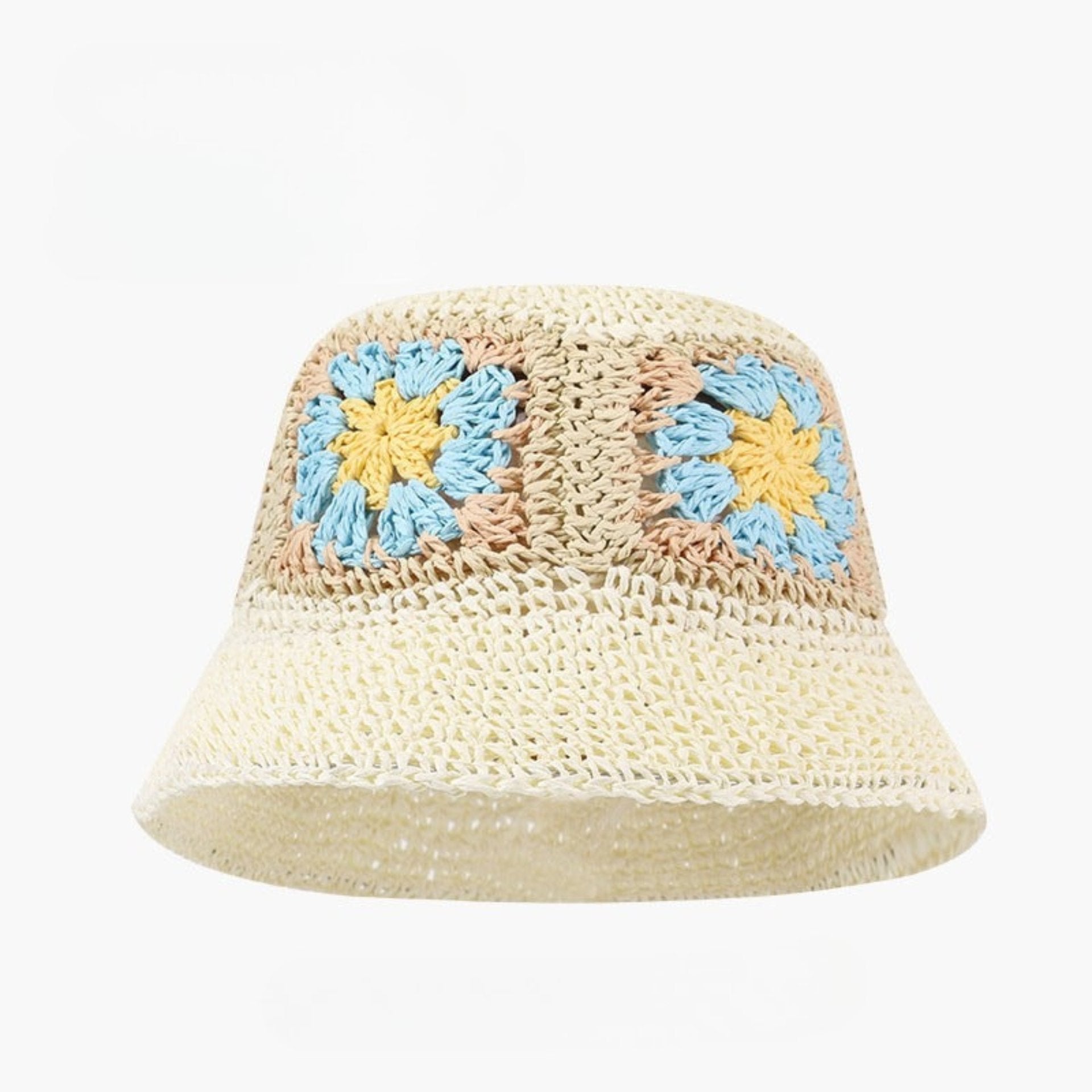 Cream crochet bucket hat with blue and yellow granny square floral patterns, labeled UPF50+ for sun protection.