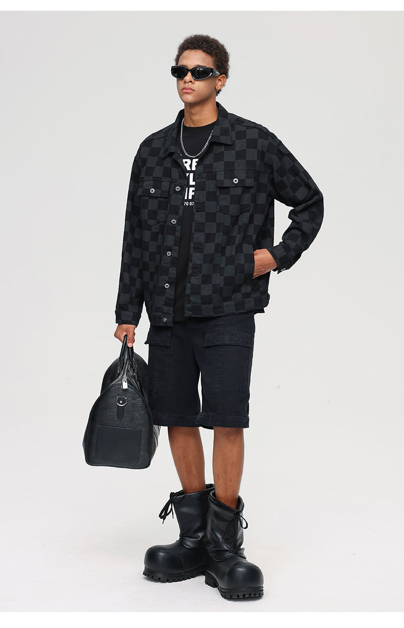 Urban streetwear look with checkered jacket, cargo shorts and platform boots
