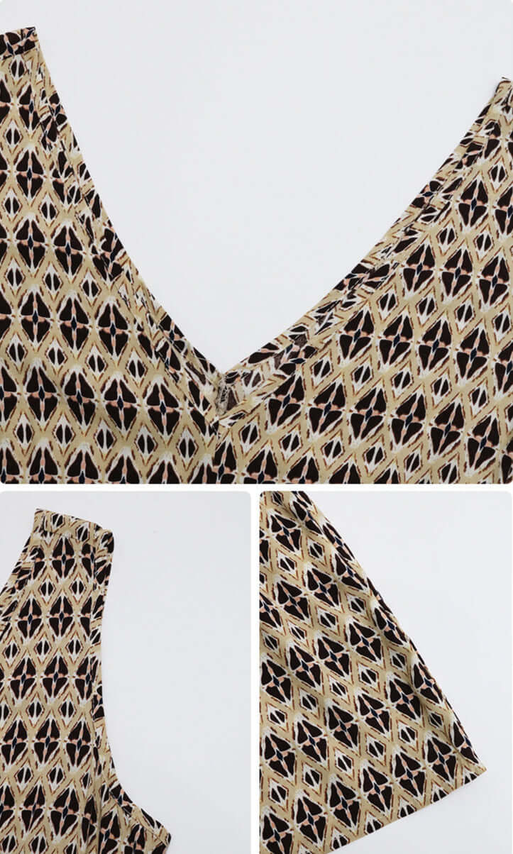 Close-up of the beige and black printed dress, showcasing the V-neckline and lightweight fabric.