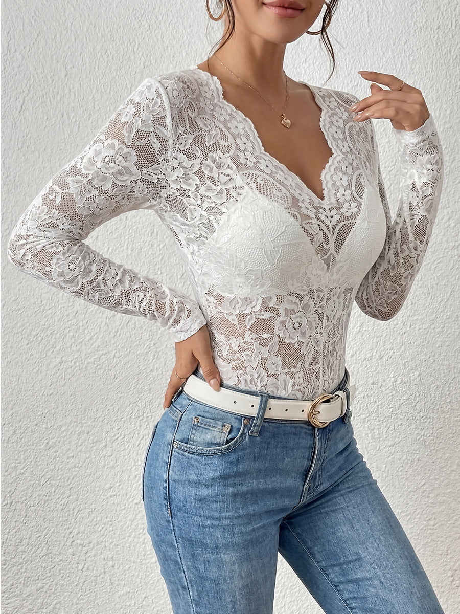 lace long sleeve top styled with jeans