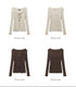 Product detail presentation showing front and back views of two sweaters. Top: Cream ribbed sweater. Bottom: brown ribbed sweater. Both feature lace-up fronts and distressed edges