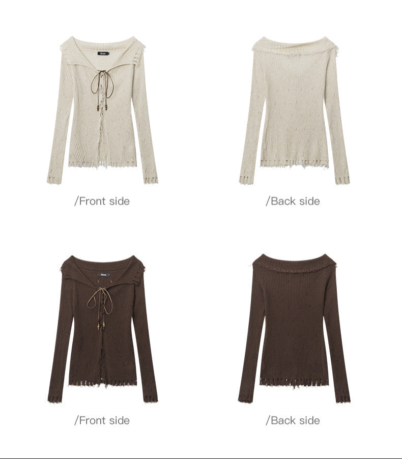 Product detail presentation showing front and back views of two sweaters. Top: Cream ribbed sweater. Bottom: brown ribbed sweater. Both feature lace-up fronts and distressed edges