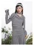 Close-up of gray knit dress showing draped neckline construction and ruched side detail