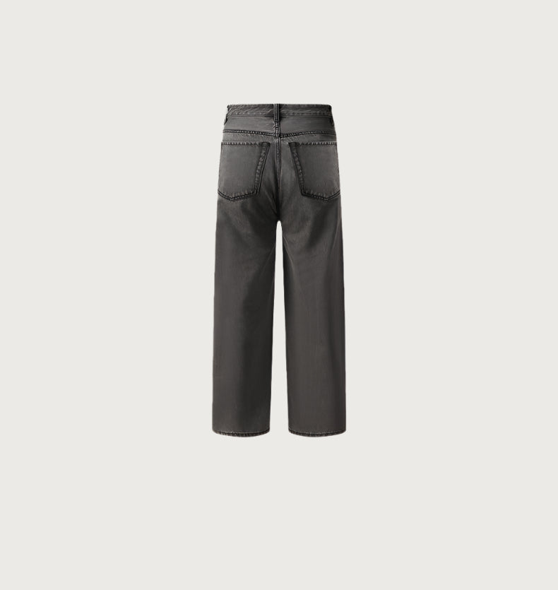 Back view of washed black wide-leg jeans showing clean lines and traditional pocket placement