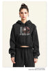 Black cropped hoodie with graphic print, straight front view