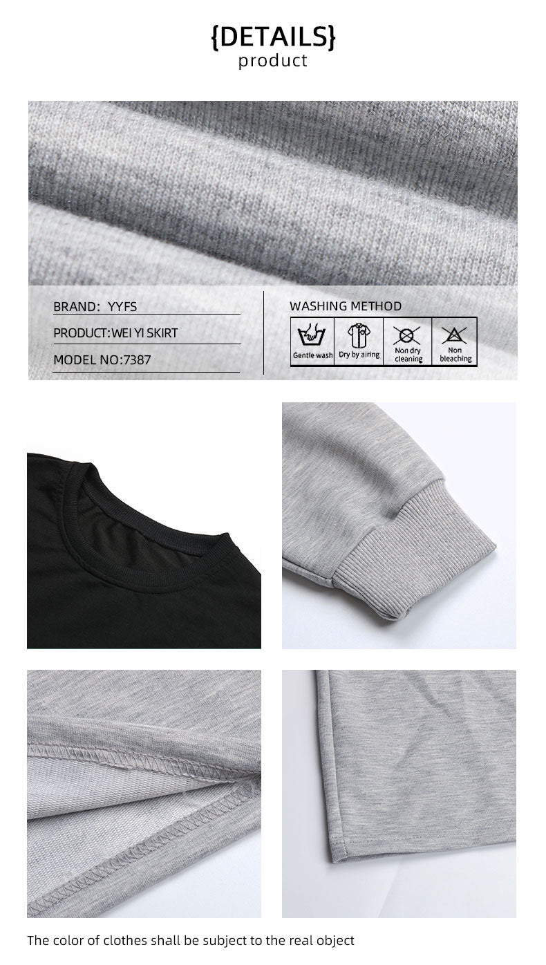 Product tag and detailed fabric construction images for sweatshirt dress