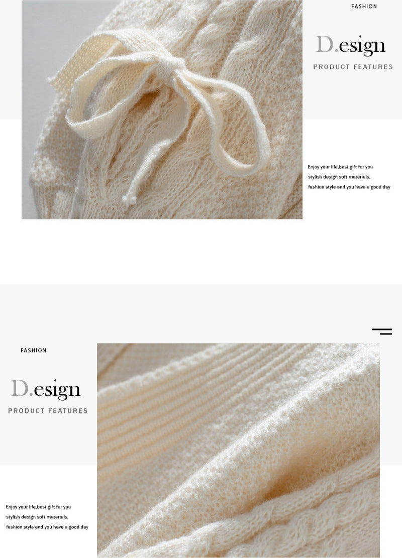 Product feature images showing detailed view of ribbon tie sleeve and close-up of soft knit texture with fashion branding elements