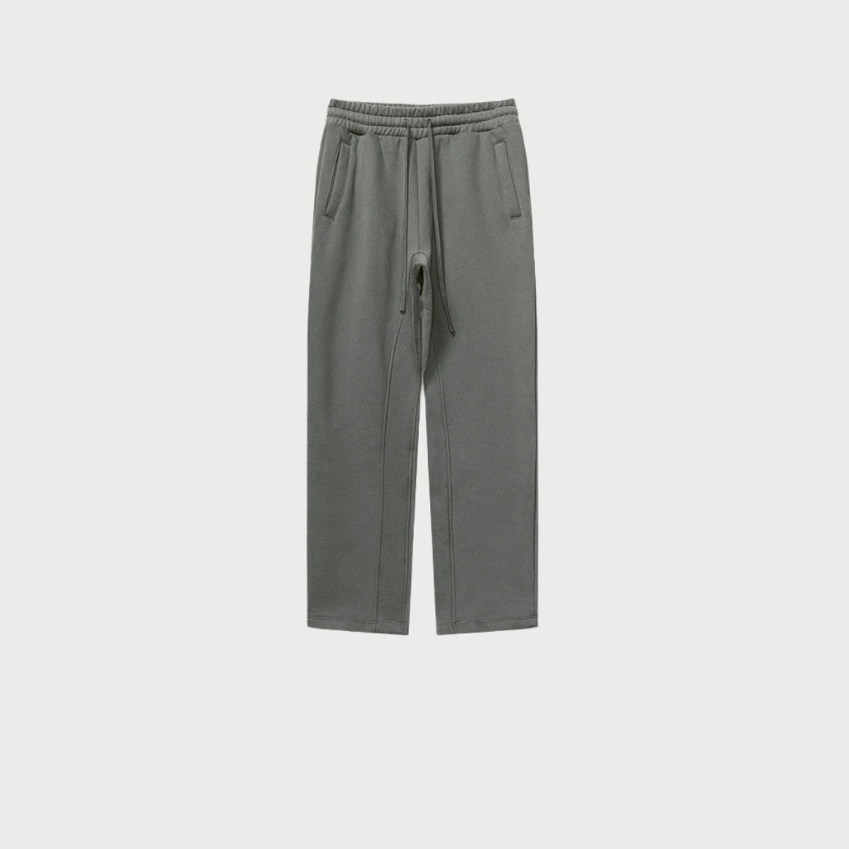 Dark gray sweatpants with elastic waistband, drawstring and side pockets displayed on light gray background