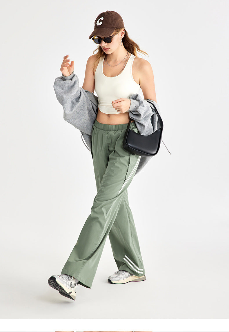 High-Waisted Wide Leg Sport Pants – Retro Parachute Style with Side Stripes